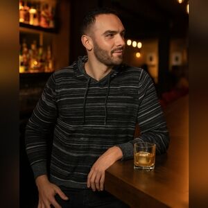 Treasure & Bond Men Knit Hooded Stripe Sweatshirt Black Sz L Kangaroo Pocket